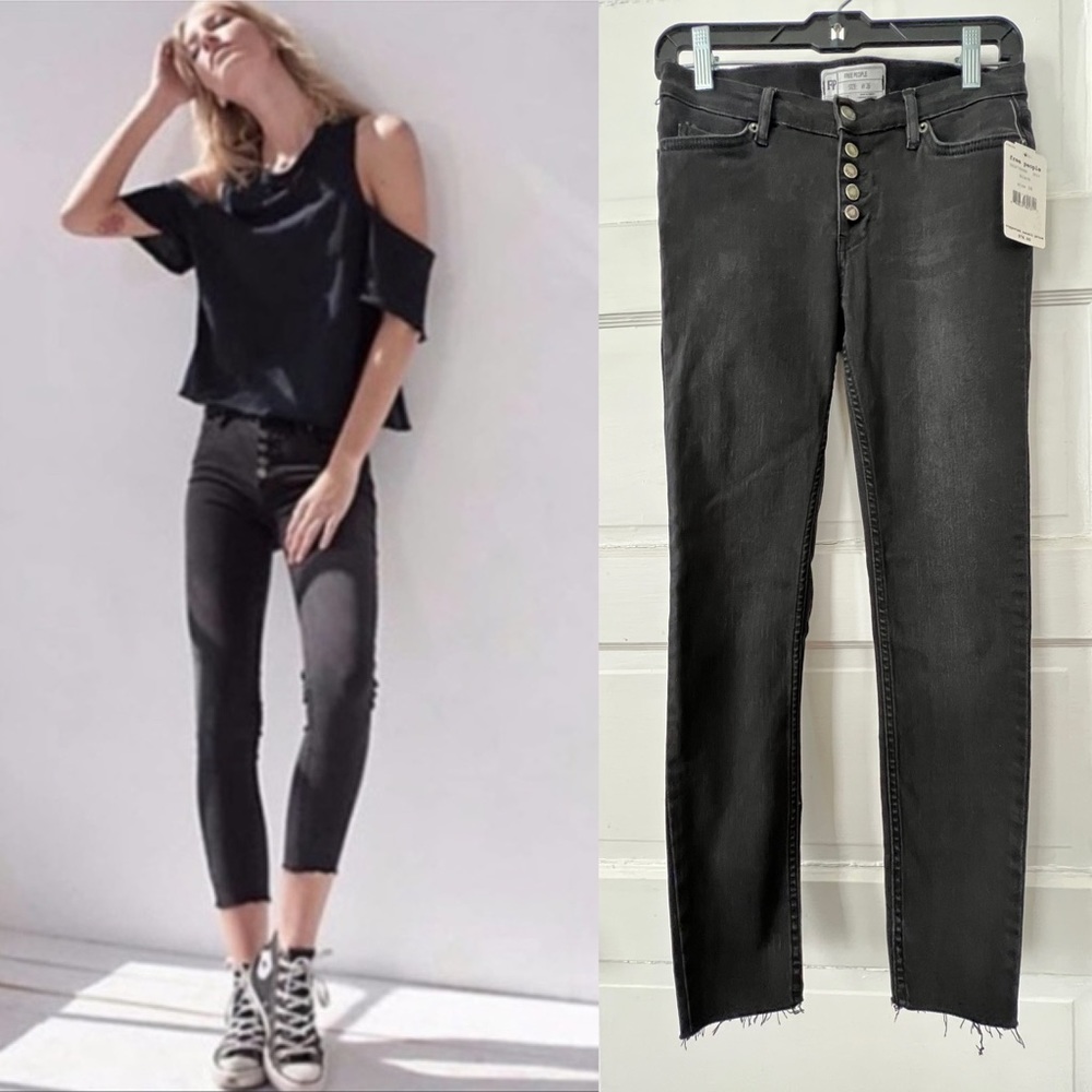 Free People Reagan exposed buttons skinny raw hem black denim 26 NWT NEW